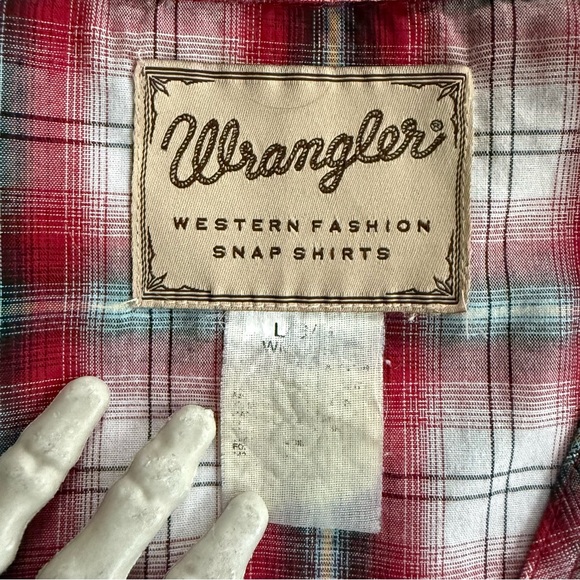 Vintage 90s 2000s Wrangler Cropped Plaid Tinsel Pearl Snap Western ~ Size L - Picture 6 of 6